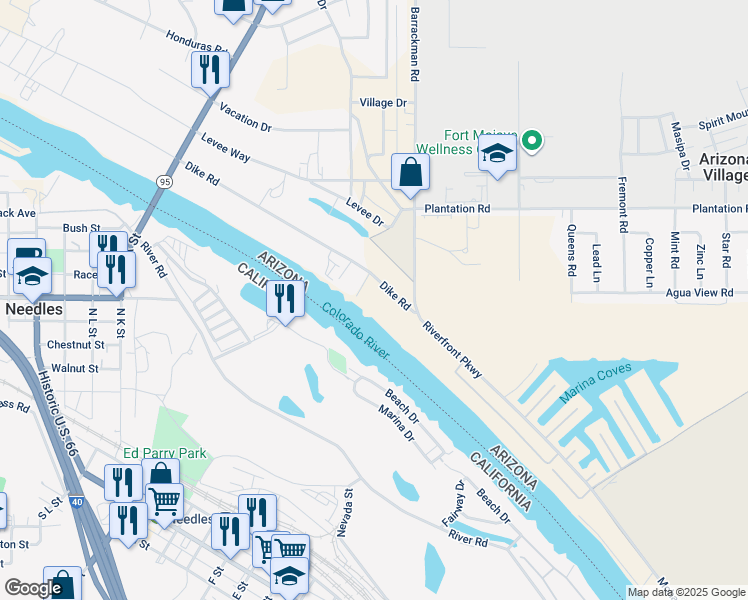 map of restaurants, bars, coffee shops, grocery stores, and more near 1408 Dike Road in Mohave Valley