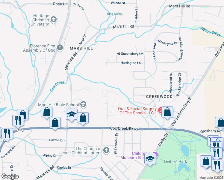 map of restaurants, bars, coffee shops, grocery stores, and more near 241 Woodcastle Drive in Florence