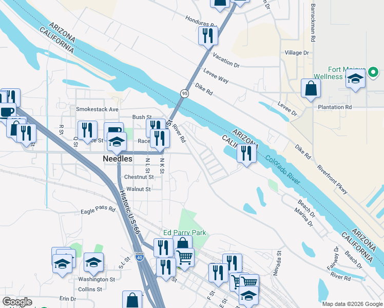 map of restaurants, bars, coffee shops, grocery stores, and more near 2 Needles Highway in Needles