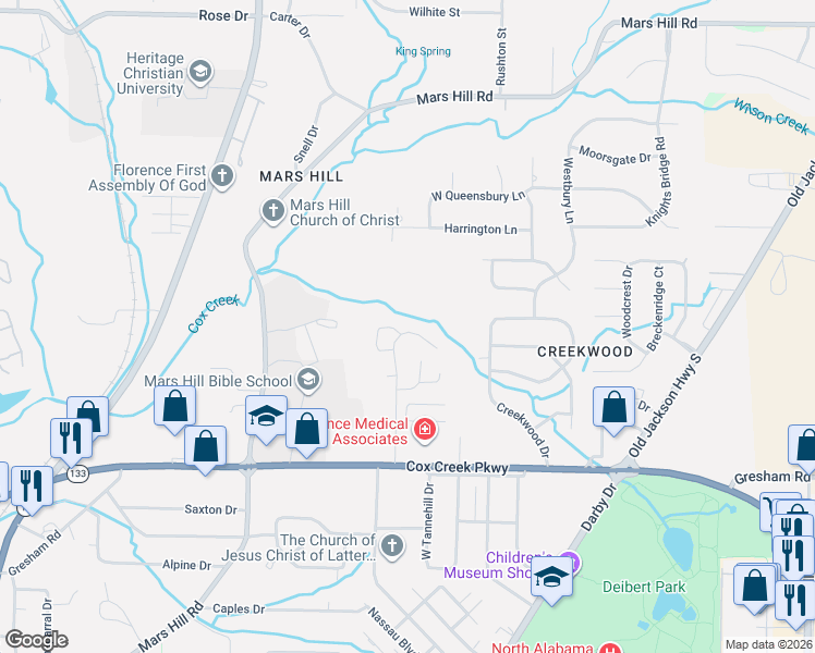 map of restaurants, bars, coffee shops, grocery stores, and more near 246 Hillsboro Circle in Florence