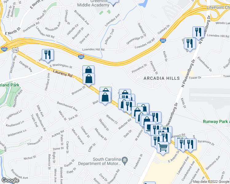 map of restaurants, bars, coffee shops, grocery stores, and more near 9 Laurens Road in Greenville