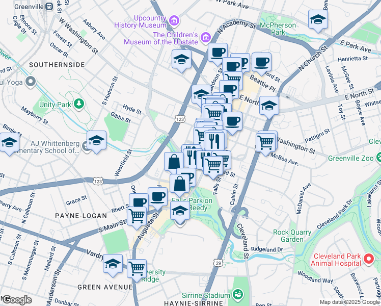 map of restaurants, bars, coffee shops, grocery stores, and more near 35 West Court Street in Greenville