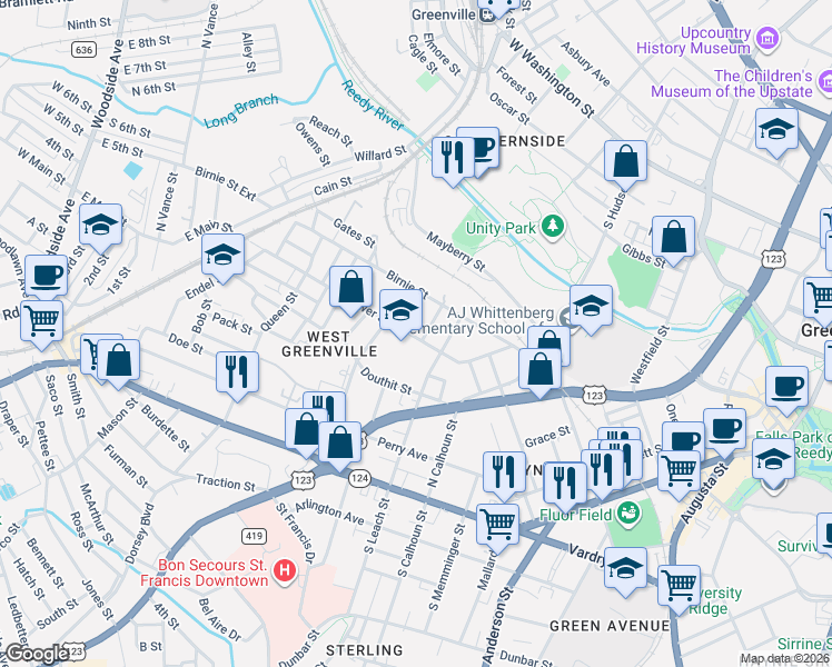 map of restaurants, bars, coffee shops, grocery stores, and more near 307 Gower Street in Greenville