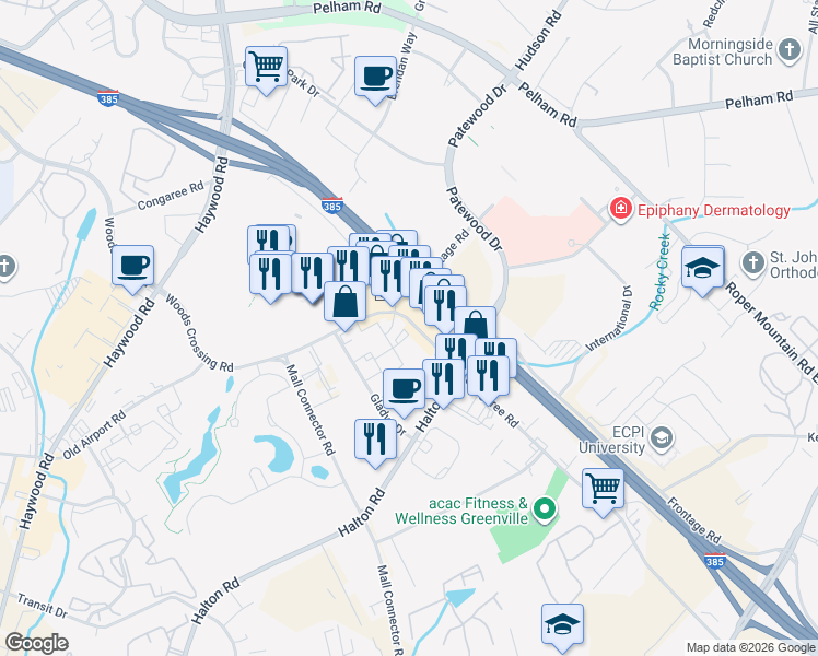 map of restaurants, bars, coffee shops, grocery stores, and more near 500 Congaree Road in Greenville