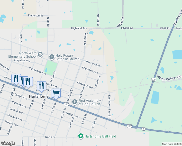map of restaurants, bars, coffee shops, grocery stores, and more near 600 North 13th Street in Hartshorne