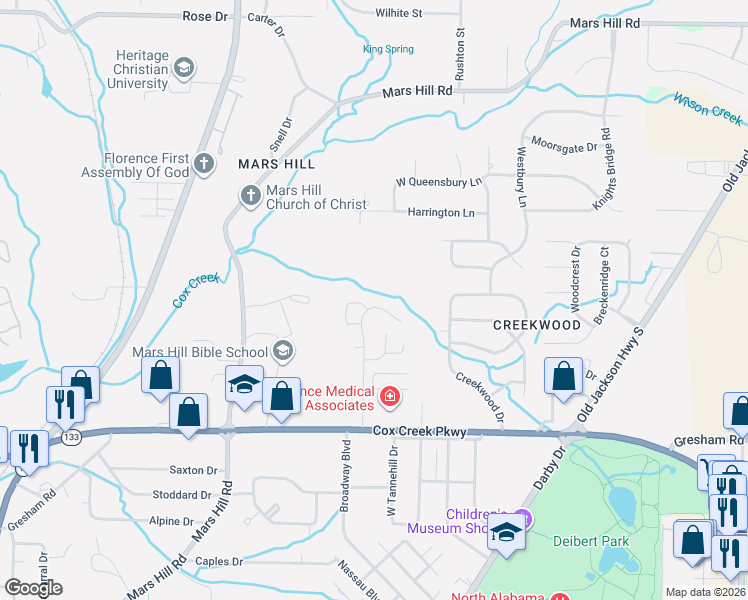 map of restaurants, bars, coffee shops, grocery stores, and more near 246 Hillsboro Circle in Florence