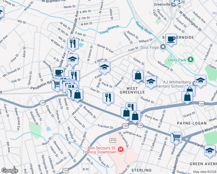 map of restaurants, bars, coffee shops, grocery stores, and more near 9 Pack Street in Greenville