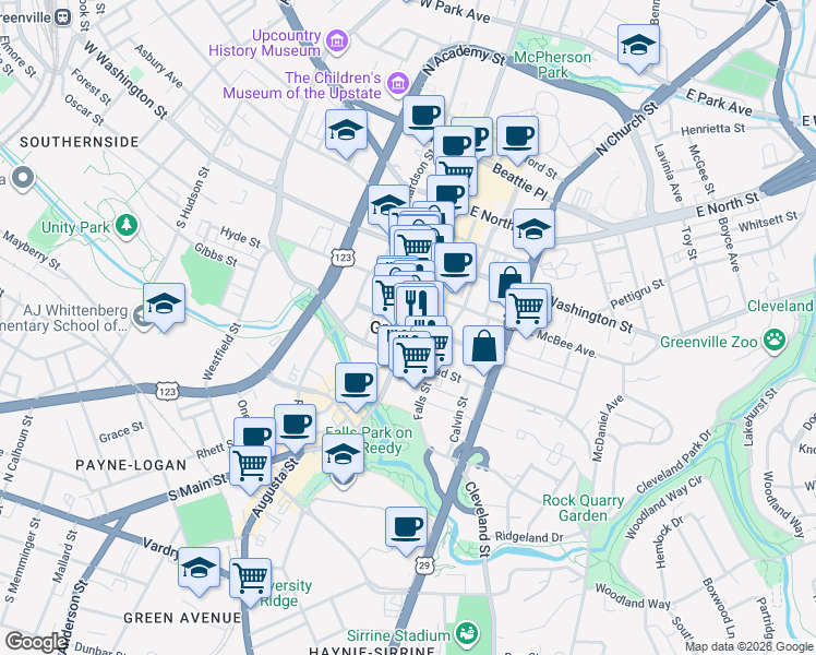 map of restaurants, bars, coffee shops, grocery stores, and more near in Greenville