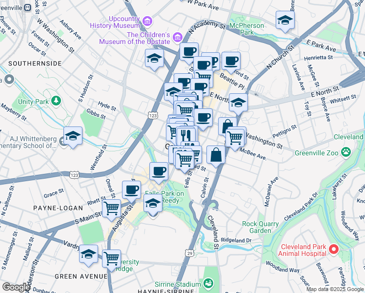 map of restaurants, bars, coffee shops, grocery stores, and more near in Greenville