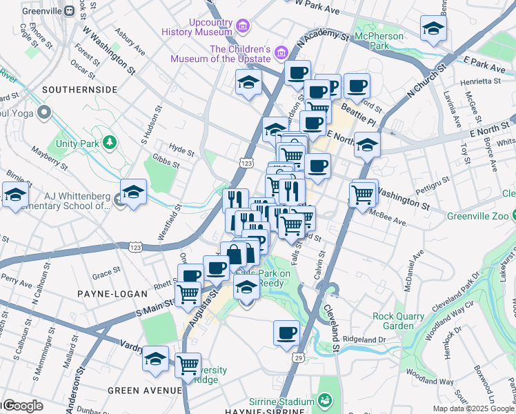 map of restaurants, bars, coffee shops, grocery stores, and more near 123 West Broad Street in Greenville