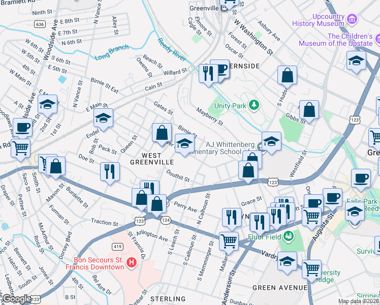 map of restaurants, bars, coffee shops, grocery stores, and more near 307 Gower Street in Greenville