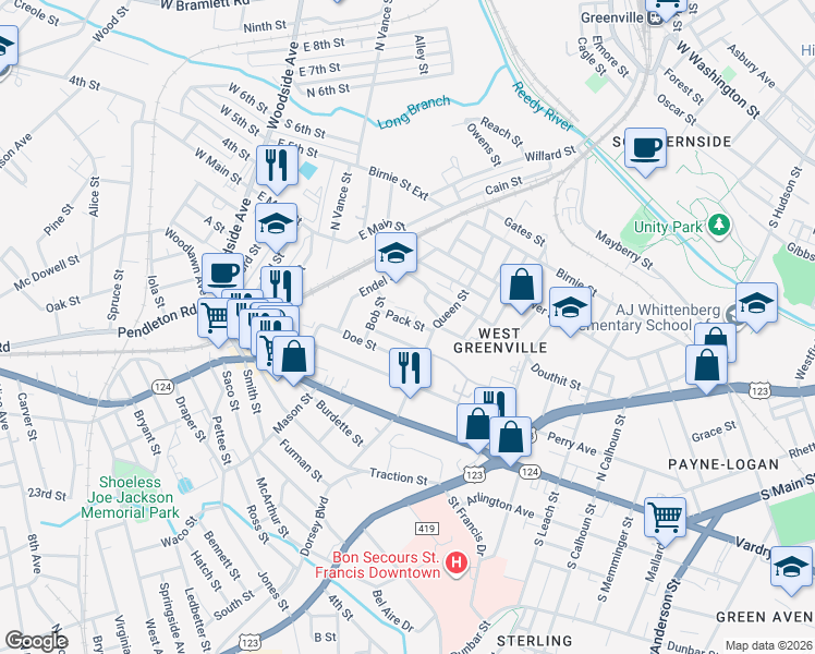 map of restaurants, bars, coffee shops, grocery stores, and more near 11 Pack Street in Greenville