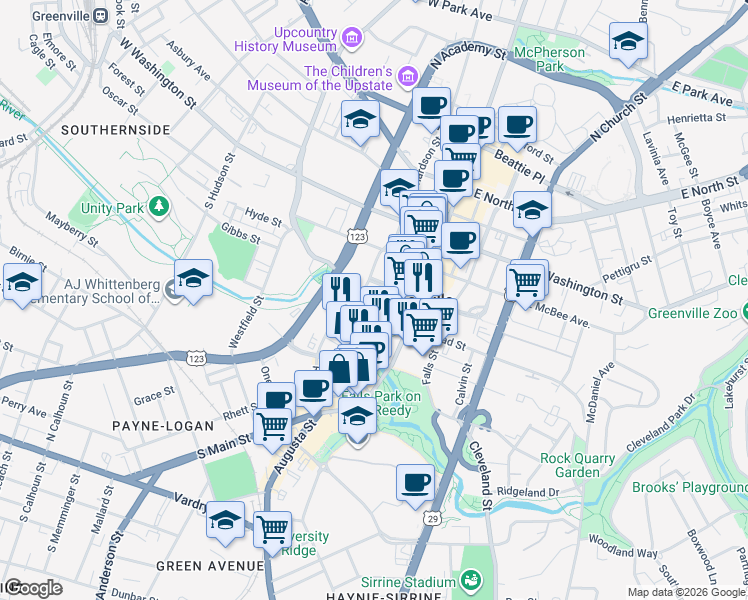 map of restaurants, bars, coffee shops, grocery stores, and more near 123 West Broad Street in Greenville