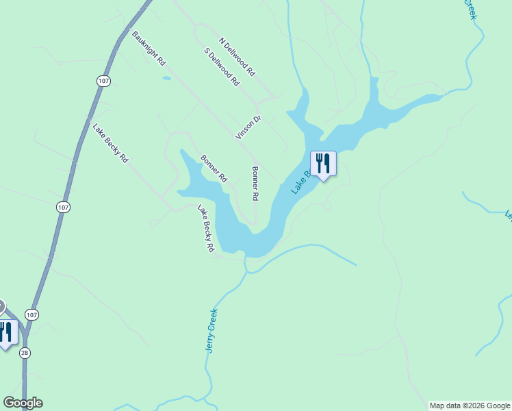 map of restaurants, bars, coffee shops, grocery stores, and more near 135 Bonner Road in Mountain Rest