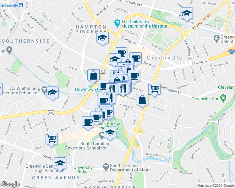 map of restaurants, bars, coffee shops, grocery stores, and more near 35 West Court Street in Greenville