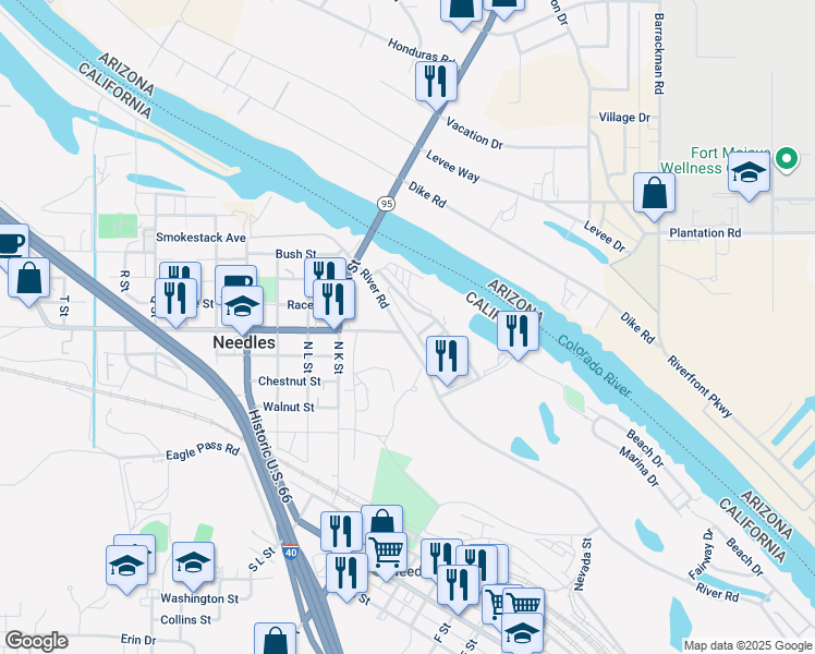 map of restaurants, bars, coffee shops, grocery stores, and more near 110 Marina Drive in Needles