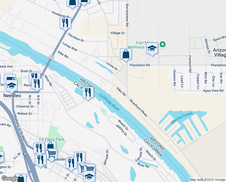 map of restaurants, bars, coffee shops, grocery stores, and more near 1408 Dike Road in Mohave Valley