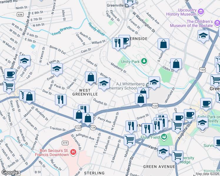 map of restaurants, bars, coffee shops, grocery stores, and more near 307 Gower Street in Greenville