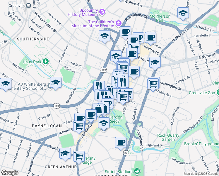 map of restaurants, bars, coffee shops, grocery stores, and more near 224 South Laurens Street in Greenville