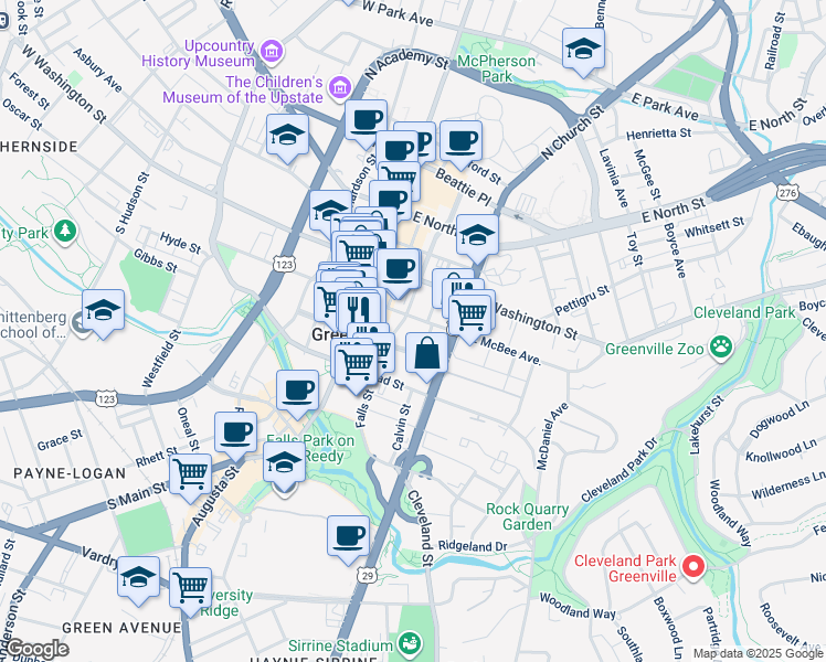 map of restaurants, bars, coffee shops, grocery stores, and more near 110 East Court Street in Greenville
