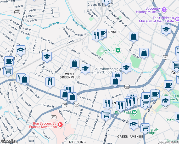 map of restaurants, bars, coffee shops, grocery stores, and more near 307 Gower Street in Greenville