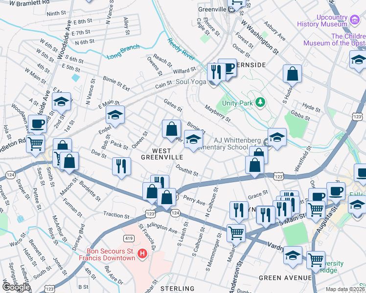 map of restaurants, bars, coffee shops, grocery stores, and more near 311 Gower Street in Greenville