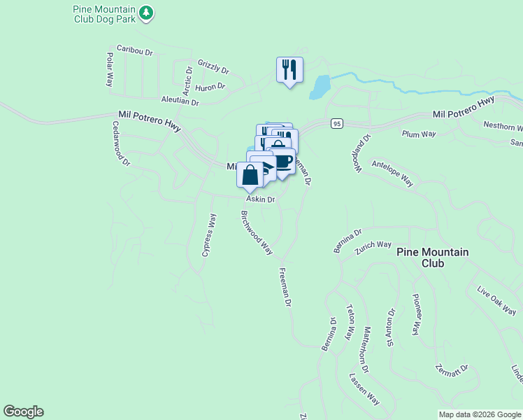 map of restaurants, bars, coffee shops, grocery stores, and more near 2313 Askin Court in Pine Mountain Club
