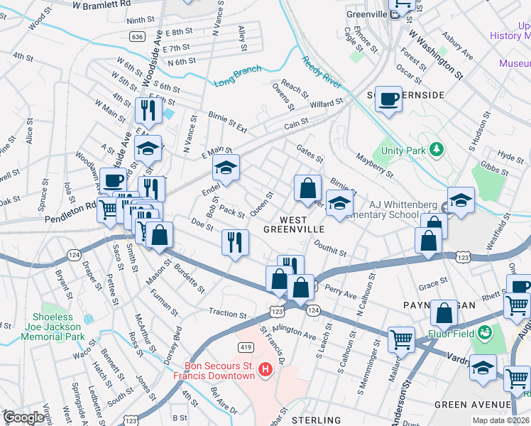 map of restaurants, bars, coffee shops, grocery stores, and more near 12 Luther Street in Greenville