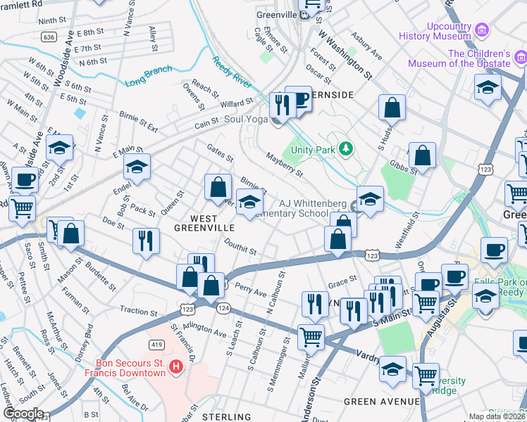 map of restaurants, bars, coffee shops, grocery stores, and more near 307 Gower Street in Greenville
