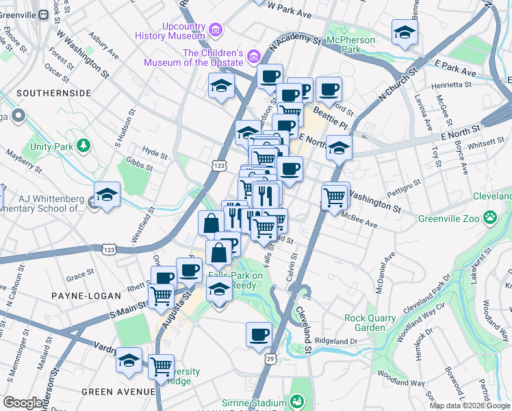 map of restaurants, bars, coffee shops, grocery stores, and more near 130 South Main Street in Greenville