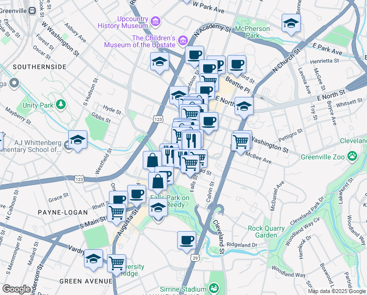 map of restaurants, bars, coffee shops, grocery stores, and more near 35 West Court Street in Greenville