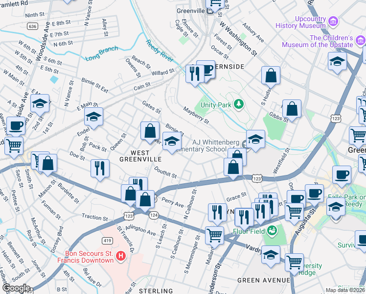 map of restaurants, bars, coffee shops, grocery stores, and more near 307 Gower Street in Greenville