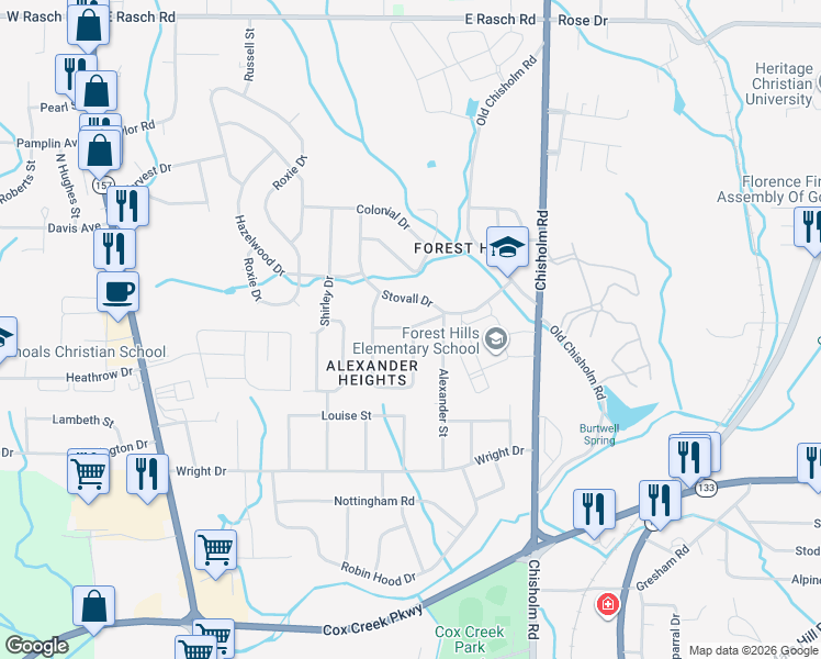 map of restaurants, bars, coffee shops, grocery stores, and more near 152 Patsy Dr in Florence