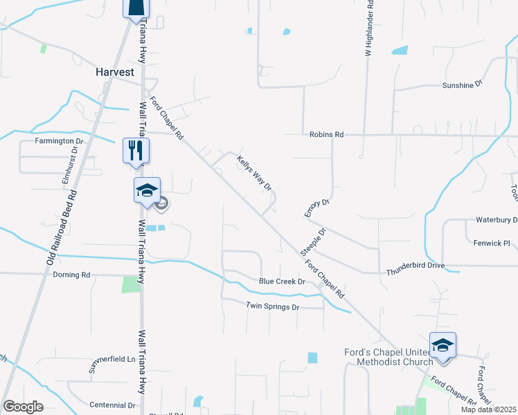 map of restaurants, bars, coffee shops, grocery stores, and more near 150 Kellys Way Drive in Harvest