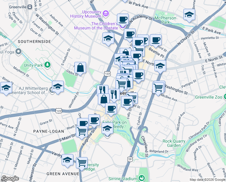 map of restaurants, bars, coffee shops, grocery stores, and more near 101 West Court Street in Greenville