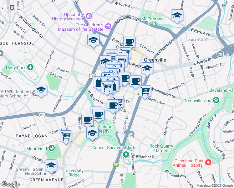 map of restaurants, bars, coffee shops, grocery stores, and more near 9 South Main Street in Greenville