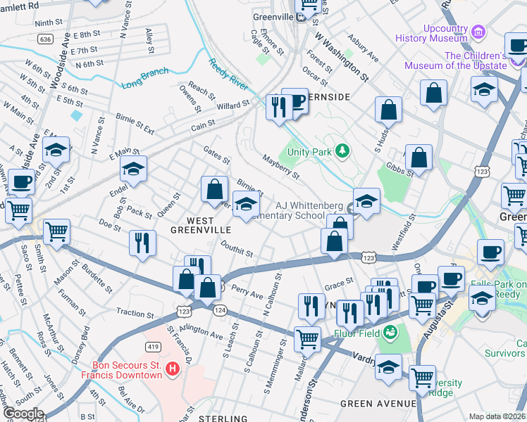map of restaurants, bars, coffee shops, grocery stores, and more near 417 Birnie Street in Greenville