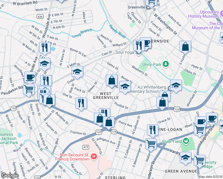 map of restaurants, bars, coffee shops, grocery stores, and more near 347 Gower Street in Greenville