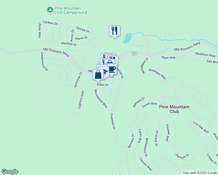 map of restaurants, bars, coffee shops, grocery stores, and more near 16280 Askin Drive in Pine Mountain Club