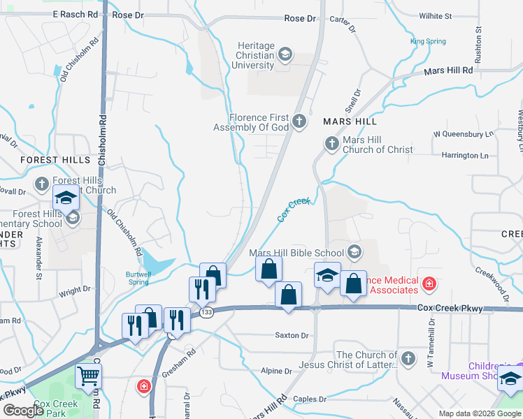 map of restaurants, bars, coffee shops, grocery stores, and more near 3577 Helton Drive in Florence