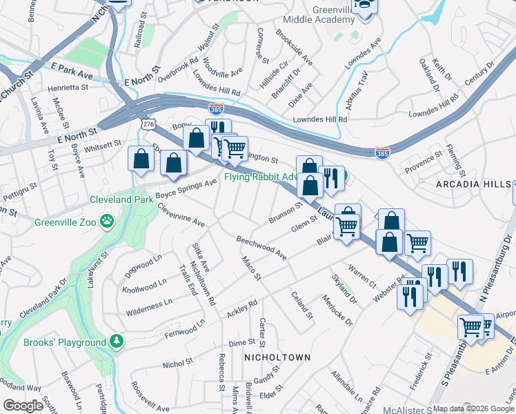 map of restaurants, bars, coffee shops, grocery stores, and more near 10 Coolidge Avenue in Greenville