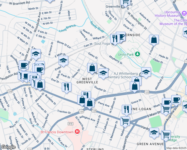 map of restaurants, bars, coffee shops, grocery stores, and more near 347 Gower Street in Greenville