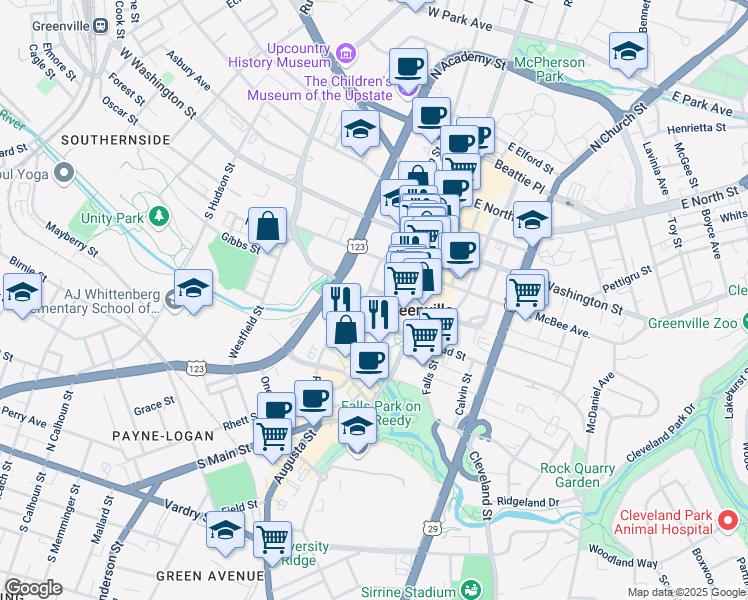 map of restaurants, bars, coffee shops, grocery stores, and more near 501 River Street in Greenville