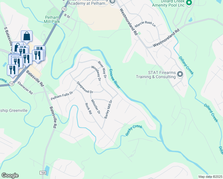 map of restaurants, bars, coffee shops, grocery stores, and more near 123 River Way Drive in Greer