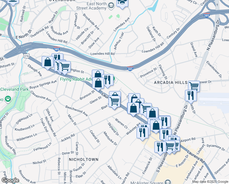 map of restaurants, bars, coffee shops, grocery stores, and more near 1720 East Washington Street in Greenville