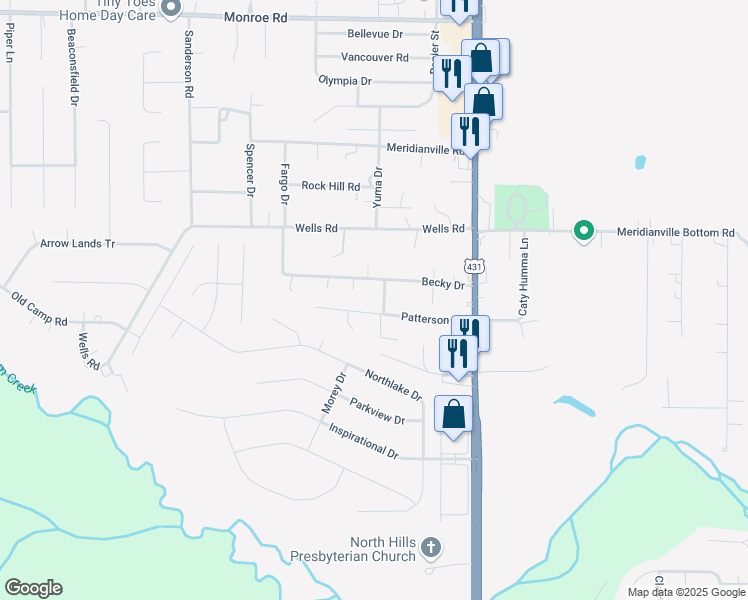 map of restaurants, bars, coffee shops, grocery stores, and more near 112 Becky Lane in Meridianville