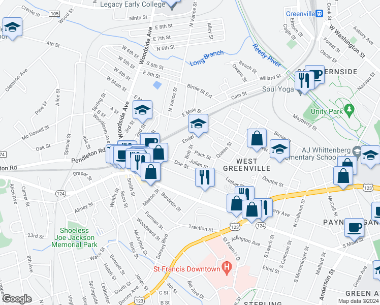 map of restaurants, bars, coffee shops, grocery stores, and more near 111 Pack Street in Greenville