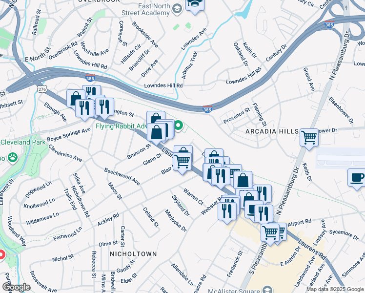 map of restaurants, bars, coffee shops, grocery stores, and more near 1720 East Washington Street in Greenville