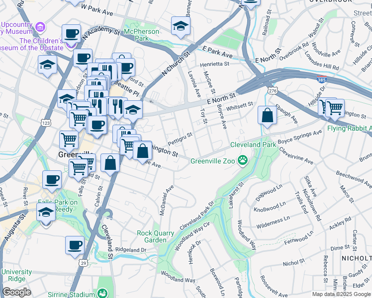 map of restaurants, bars, coffee shops, grocery stores, and more near 10 Manly Street in Greenville