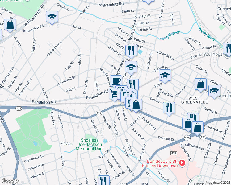 map of restaurants, bars, coffee shops, grocery stores, and more near 59 Woodside Avenue in Greenville